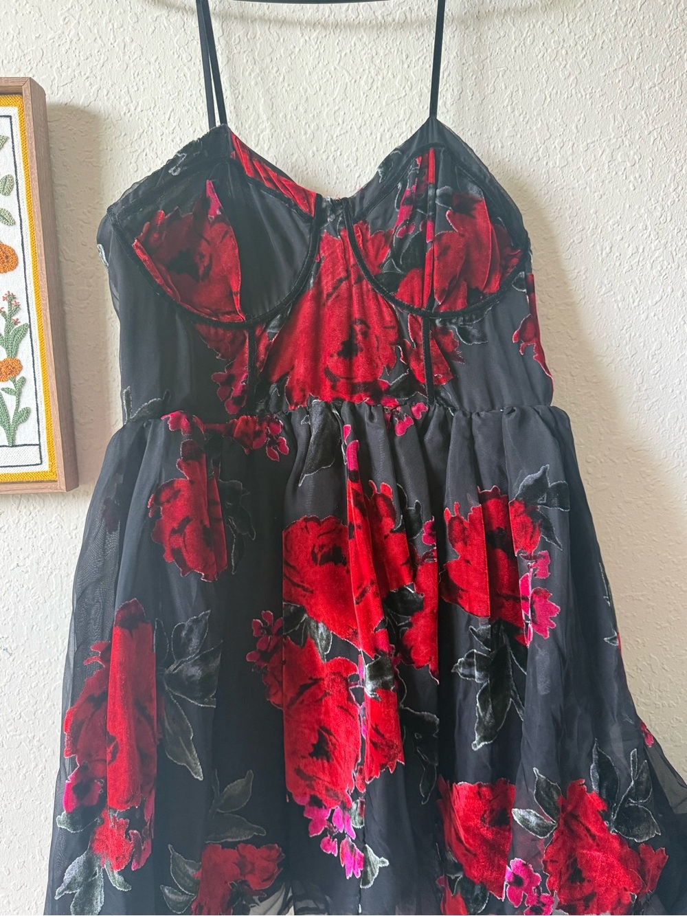 Betsey Johnson Black Dress with Red Floral Velvet Appliqué